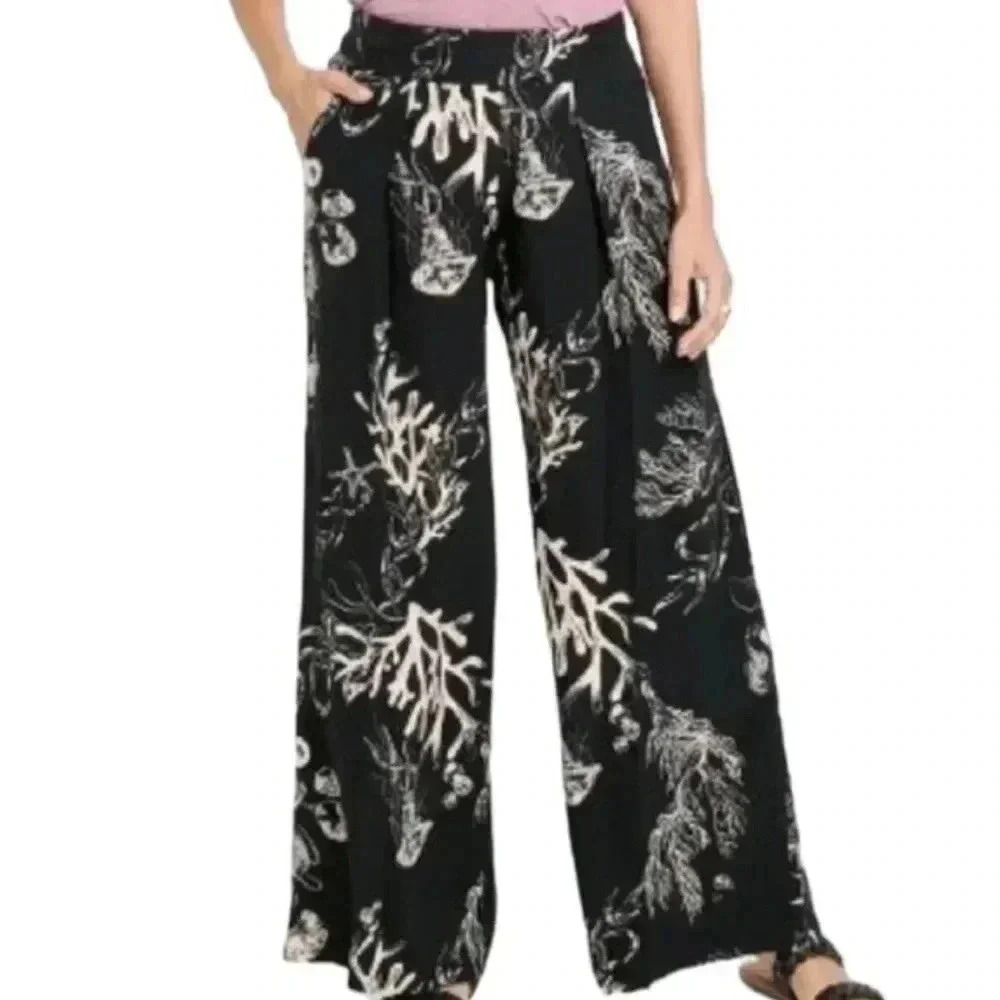 a new day Black Wide Leg Pants with White Coral Print